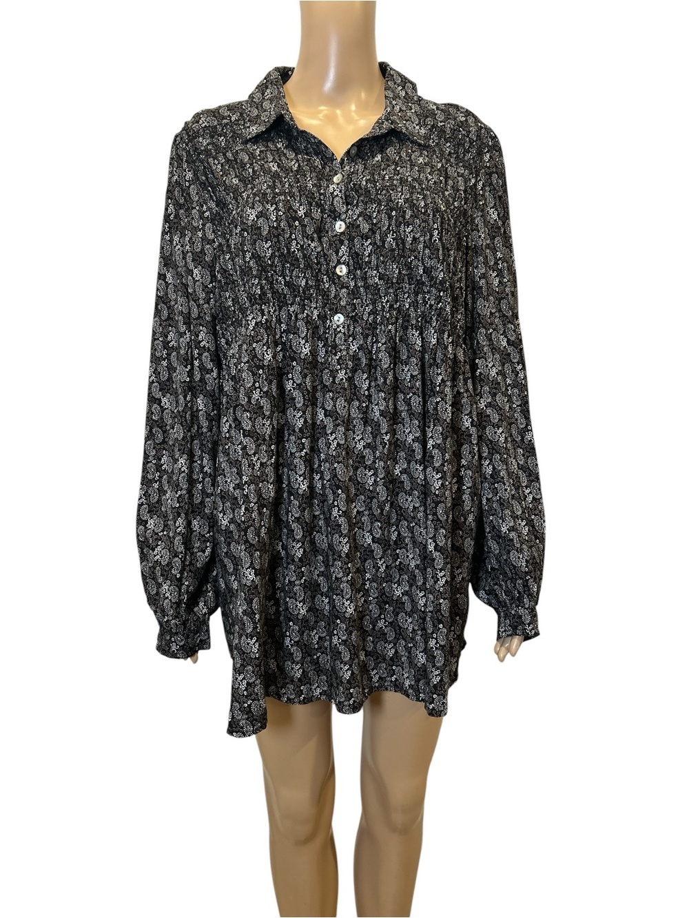 Beachlunchlounge Black Paisley Button-Front Tunic Blouse size XL